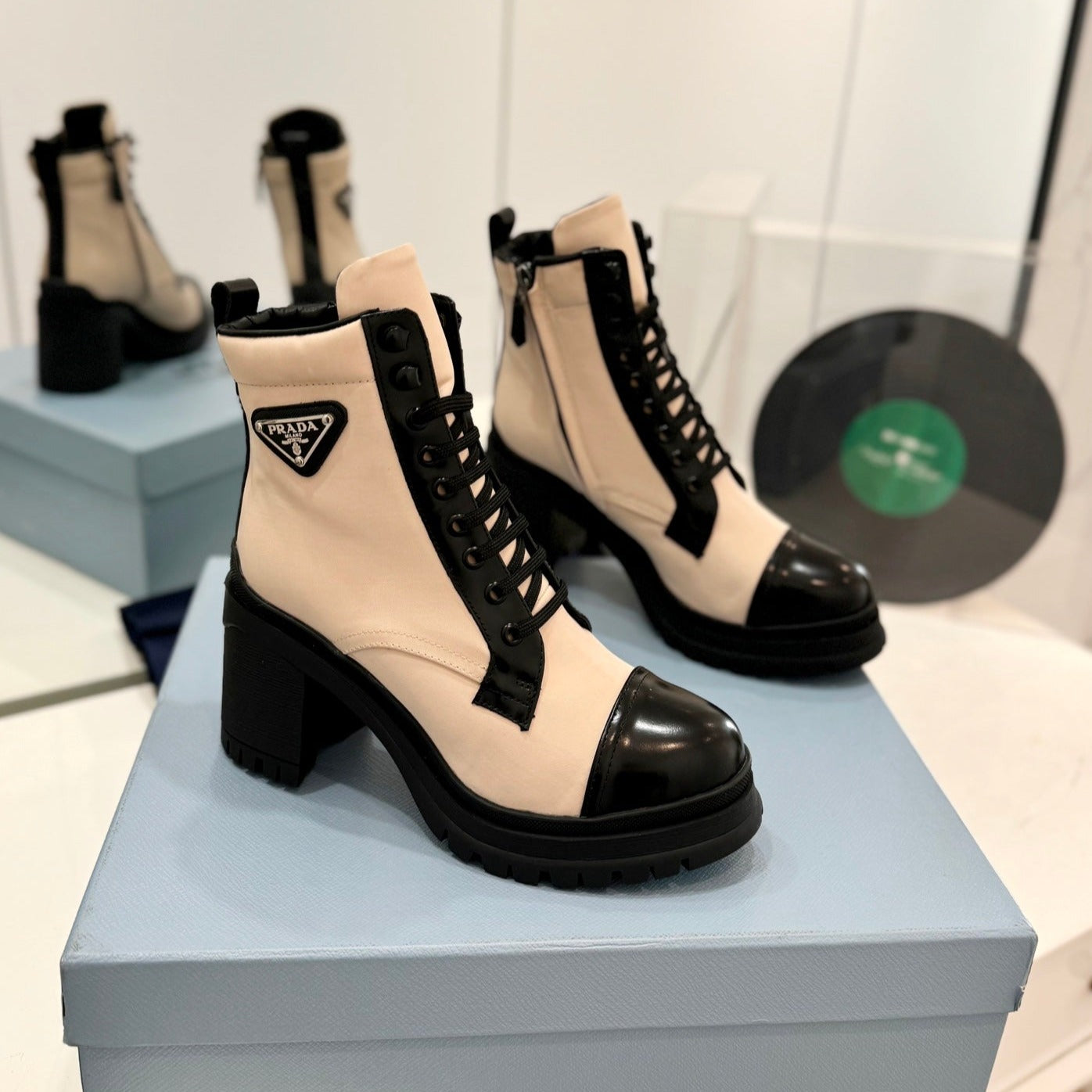 PRADA BRUSHED LEATHER AND RE-NYLON LACED BOOTIES PASTEL PINK