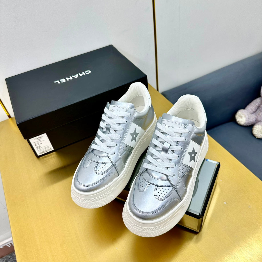 DIOR Star Platform Sneaker In Silver Mix White Calfskin 111090