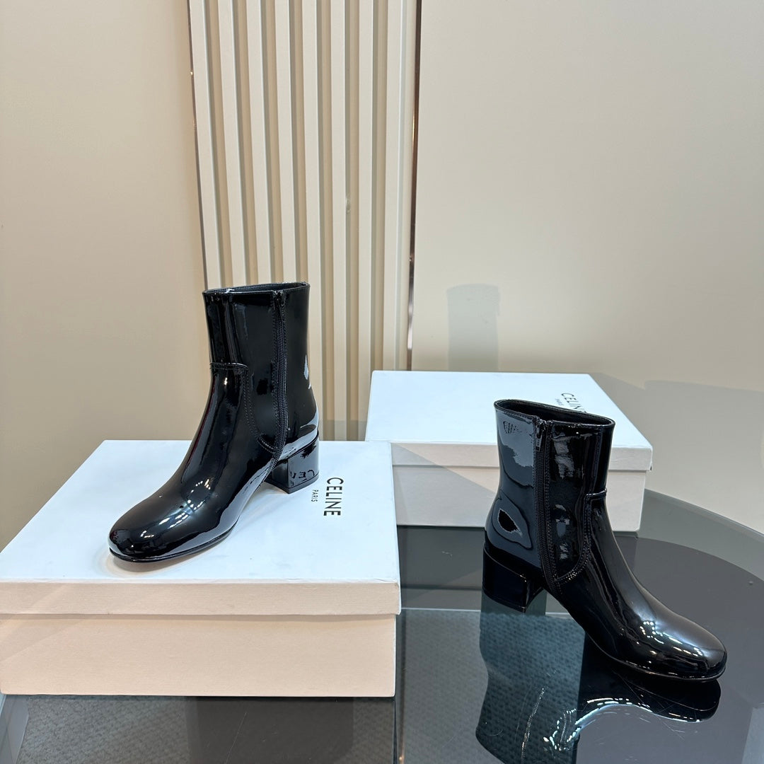 Celine TRIPHOME CHUNKY HEEL BOOTS IN BLACK SHEEPSKIN