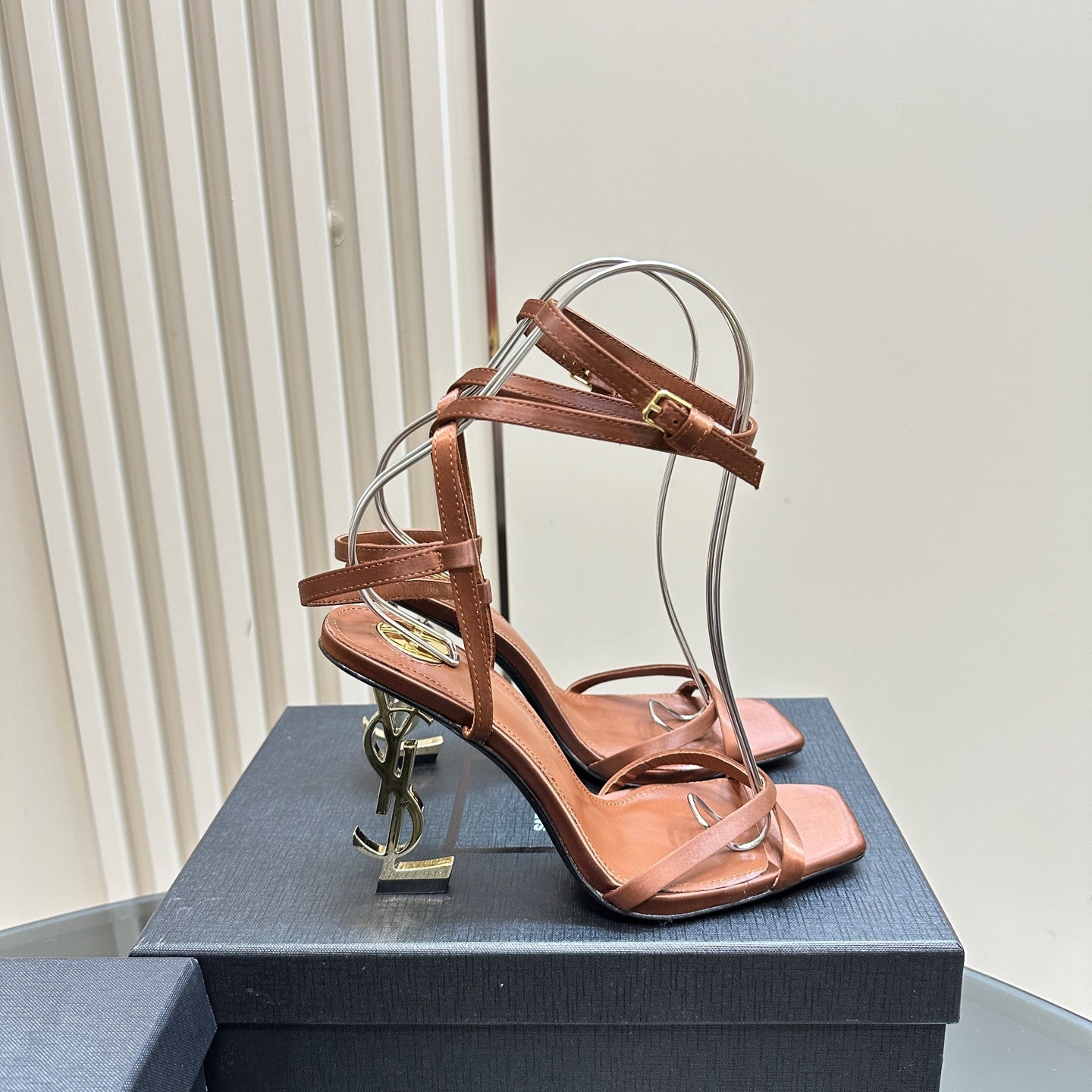 Saint Laurent OPYUM HIGH SANDALS IN BROWN SILK