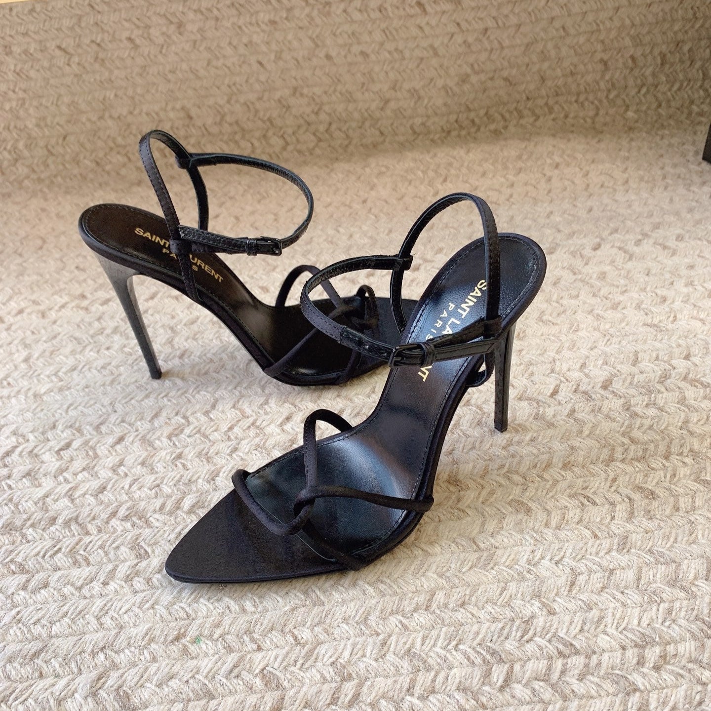 Saint Laurent STRAPPY HIGH HEEL SANDALS IN BLACK SILK