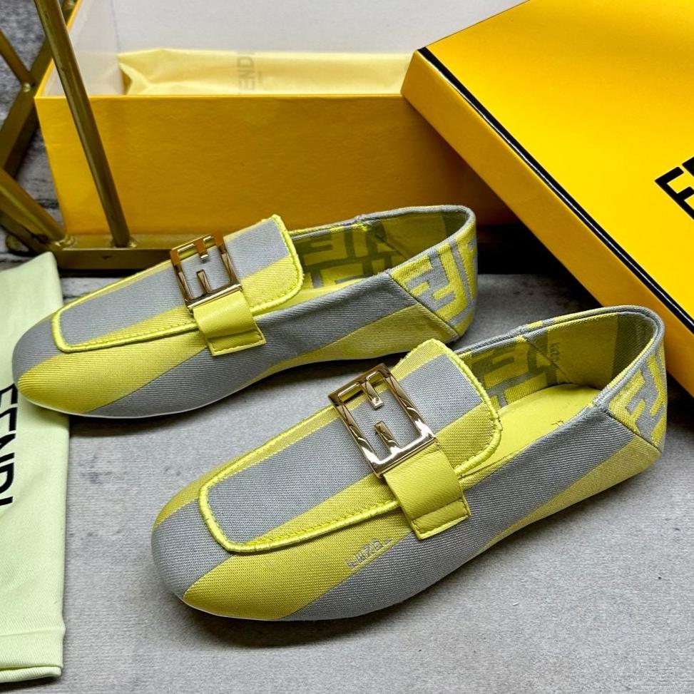 FENDI FENDI BAGUETTE LOAFERS IN GREY MIX LEMON YELLOW CANVAS GOLD HARDWARE