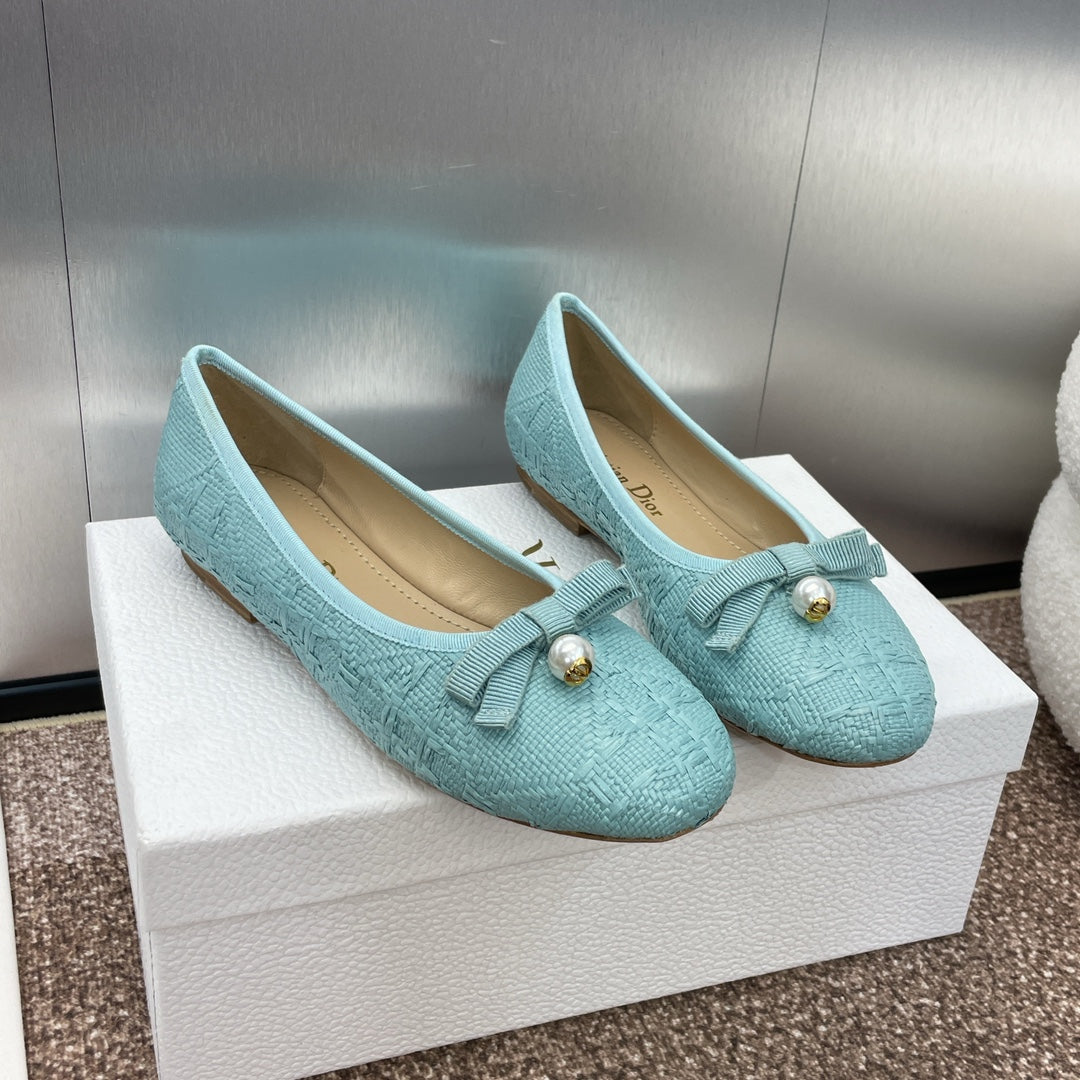 DIOR Ballet Flat Jade Green Woven Sedge And Lambskin