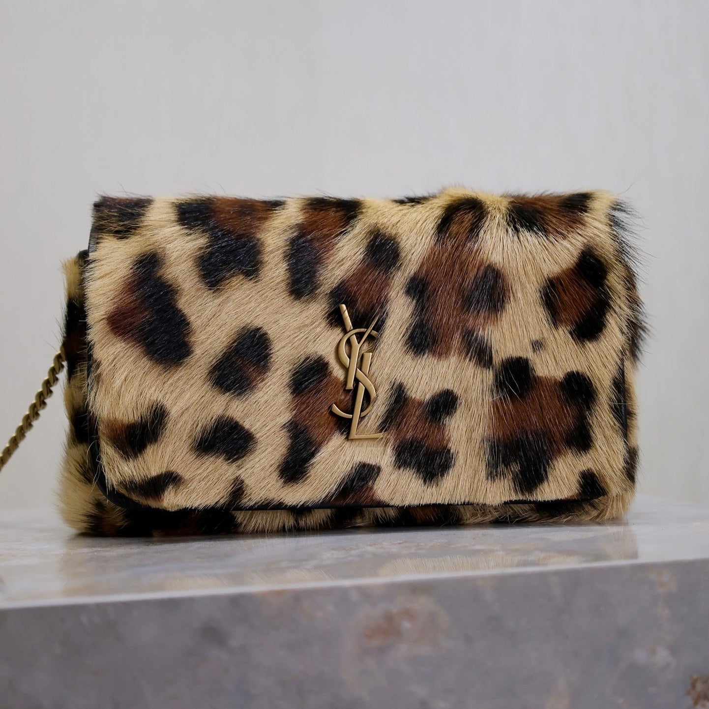 Saint Laurent KATE SMALL BAG 20 IN LEOPARD PRINT FUR COPPER CHAIN