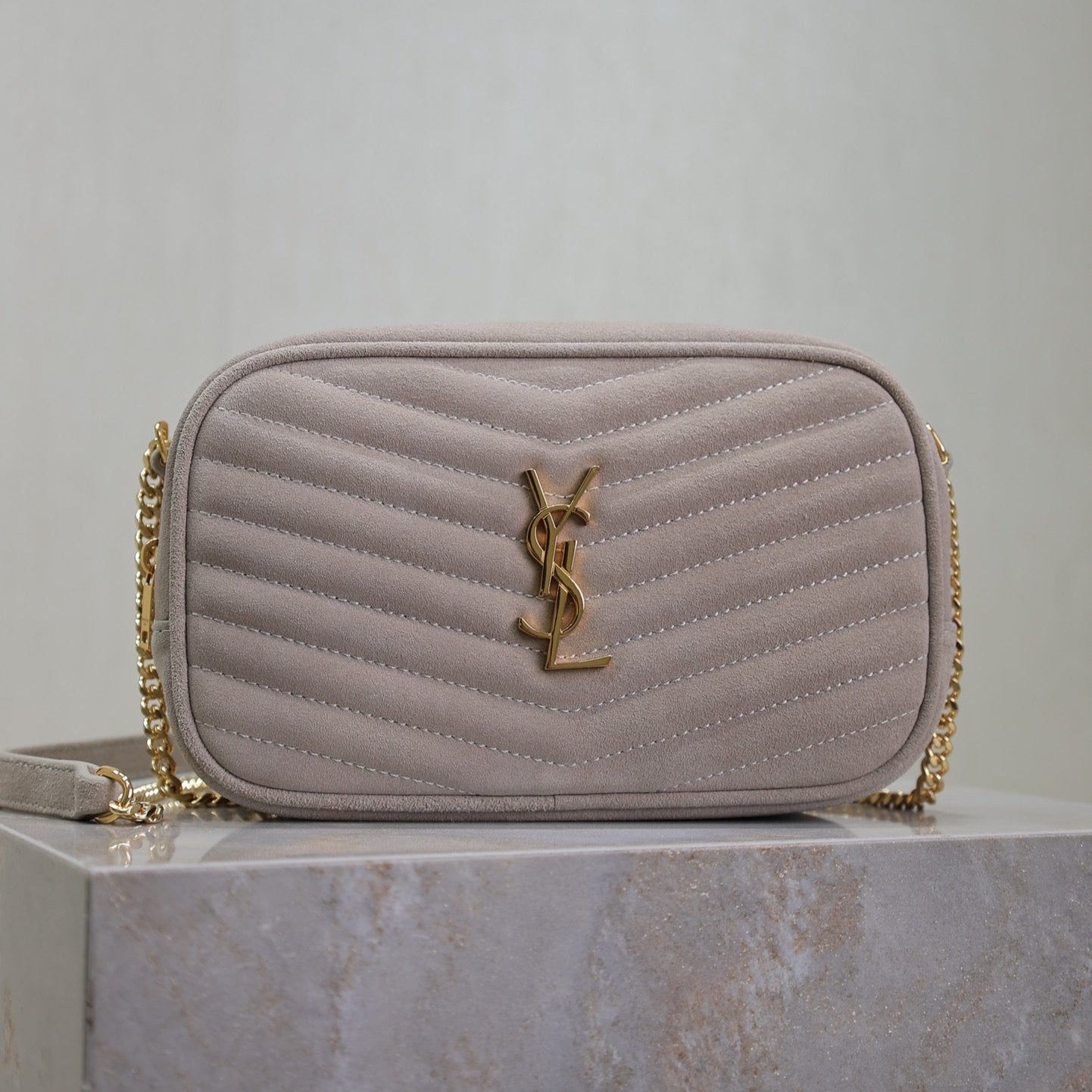 Saint Laurent LOU MINI CAMERA BAG 18 IN SILVER PINK SUEDE GOLD HARDWARE