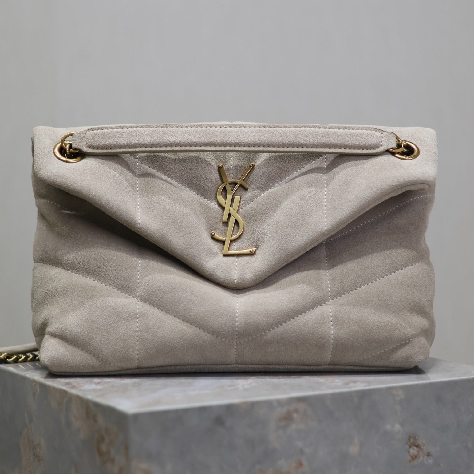 Saint Laurent PUFFER BAG 29 IN OYSTER TAN SUEDE GOLD HARDWARE