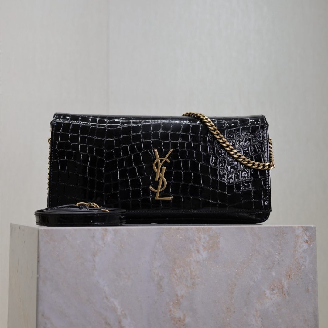 Saint Laurent KATE 99 MEDIUM BAG 26 IN BLACK CROCODILE-EMBOSSED CALFSKIN COPPER HARDWARE