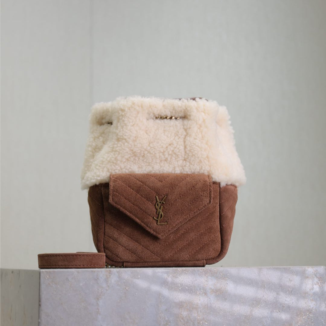 Saint Laurent JOE MINI BUCKET BAG 19 IN WHITE SHEARLING AND BROWN SUEDE