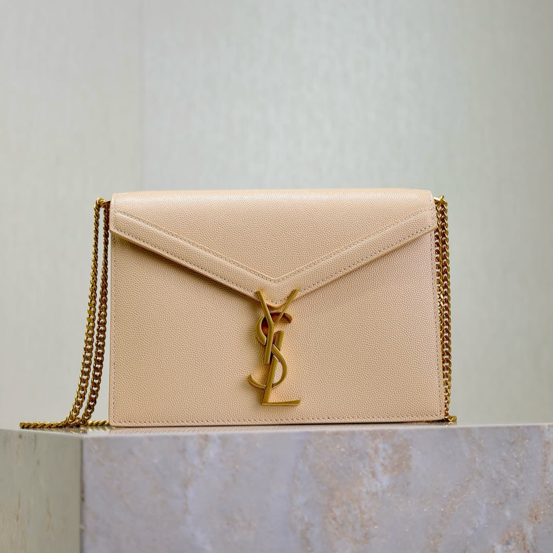Saint Laurent CASSANDRA CHAIN BAG 22 IN APRICOT CAVIAR PATTERN CALFSKIN GOLD HARDWARE