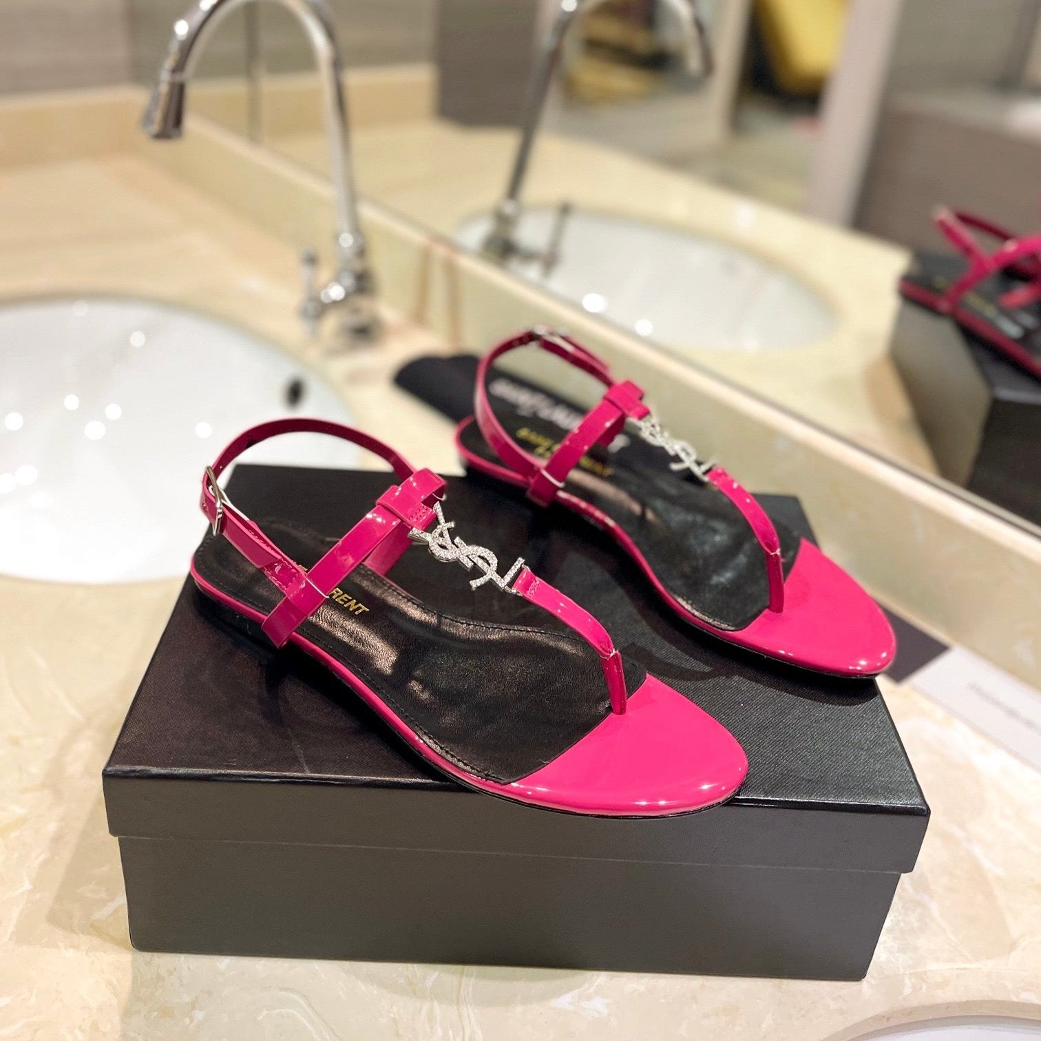 Saint Laurent SL CASSANDRA SANDALS DEEP PINK POLISHED CALFSKIN