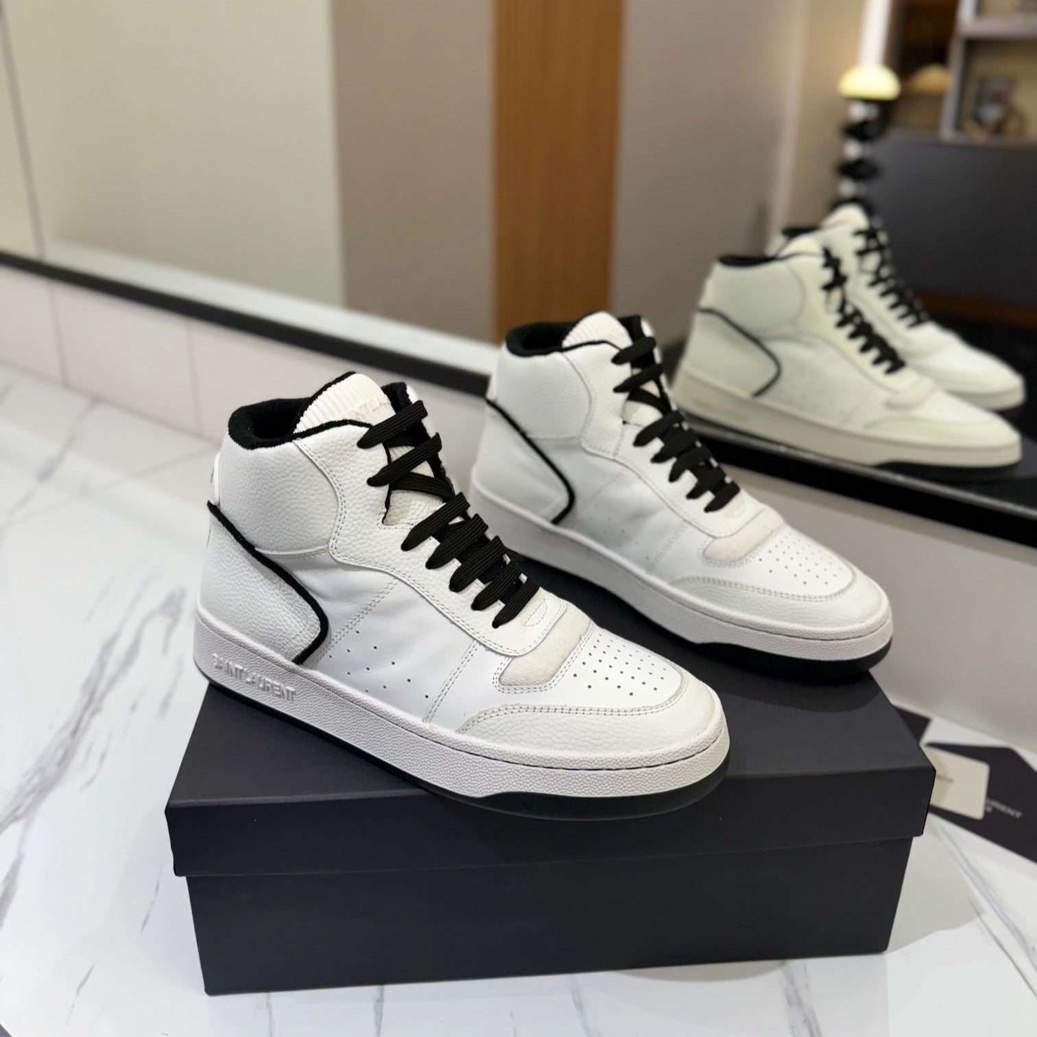Saint Laurent MID-TOP SNEAKERS IN WHITE AND BLACK TRIM PERFORATED LAMBSKIN