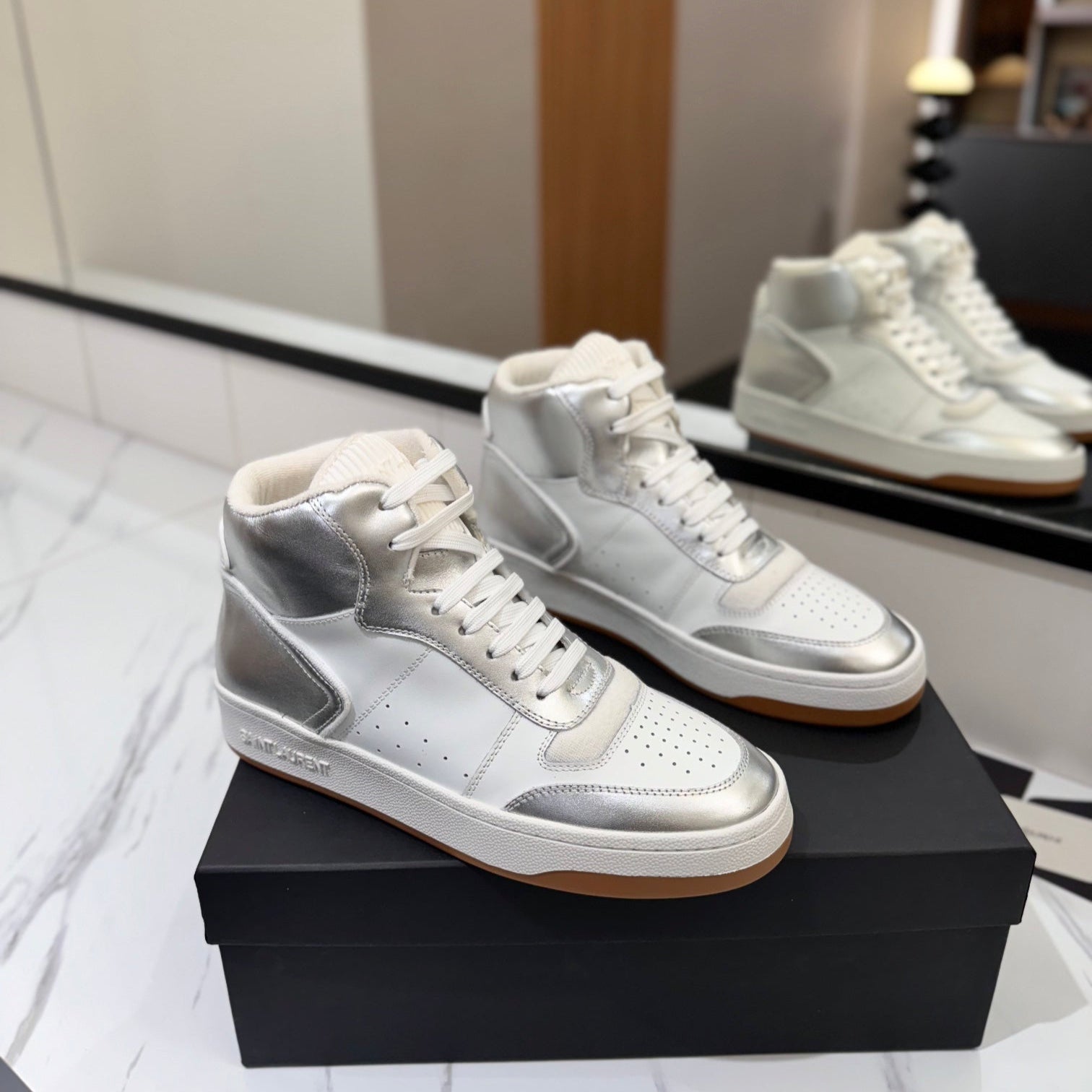 Saint Laurent MID-TOP SNEAKERS IN SILVER MIX WHITE LAMBSKIN