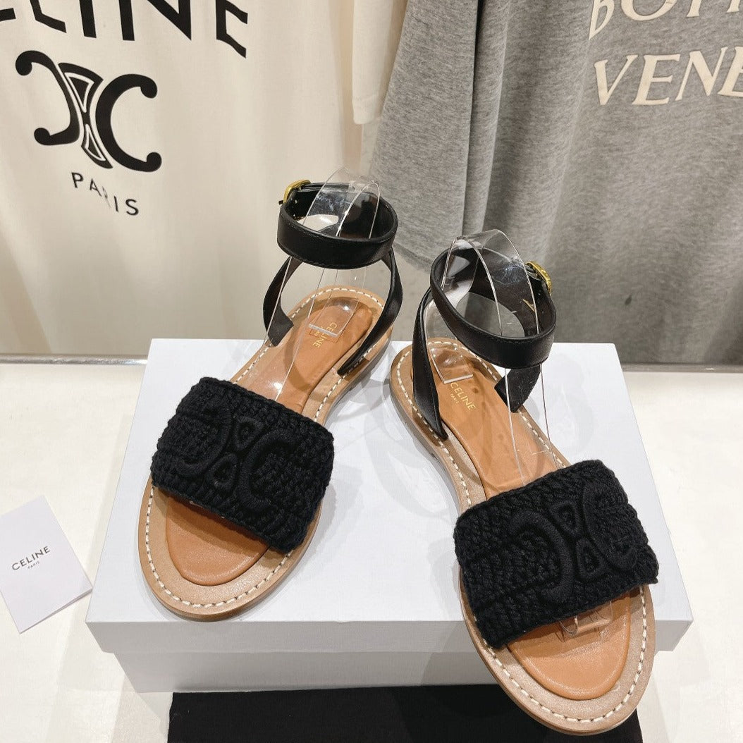 Celine LYMPIA SANDAL IN TRIOMPHE MACCRAMÉ COTTON & CALFSKIN BLACK