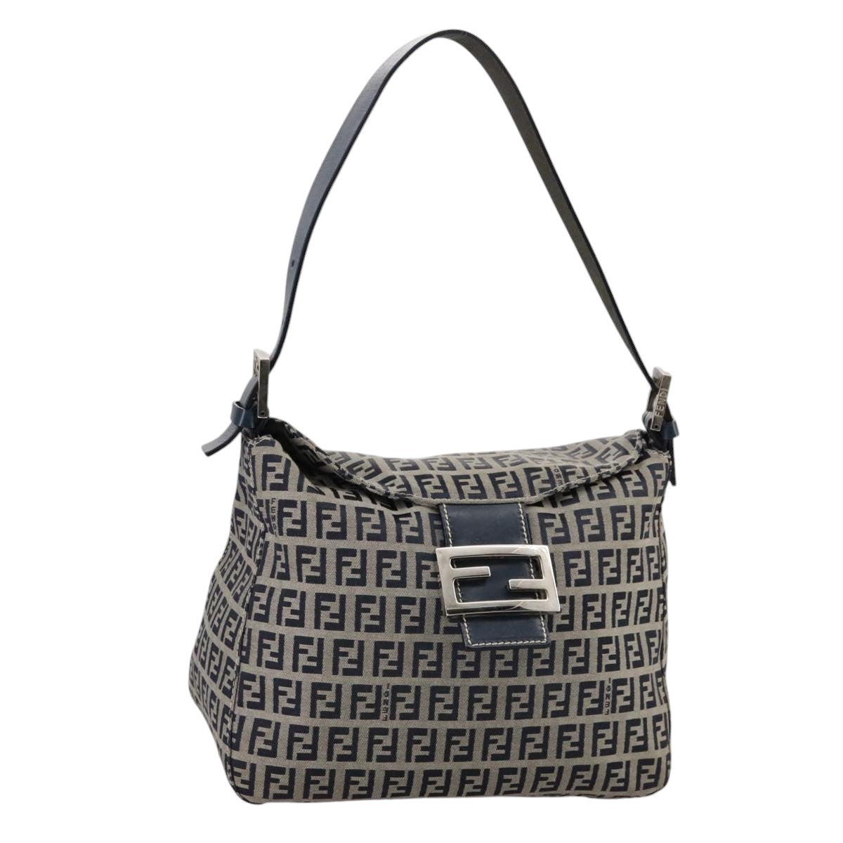 FENDI Zucchino Canvas Mamma Baguette Shoulder Bag Navy Silverki5282