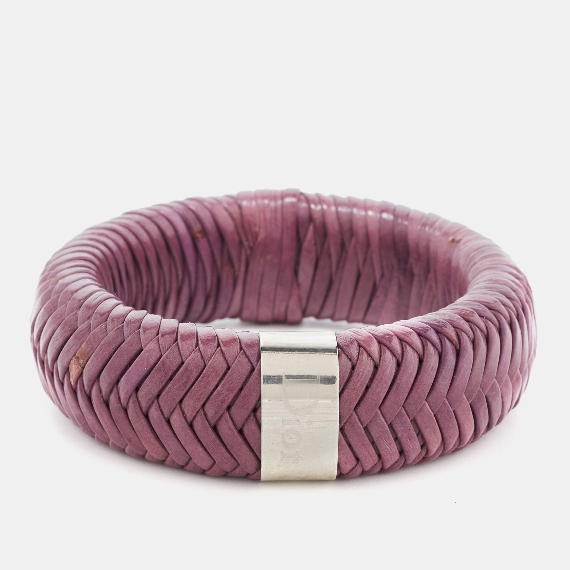 DIOR Leather Silver Tone Wide Bracelet