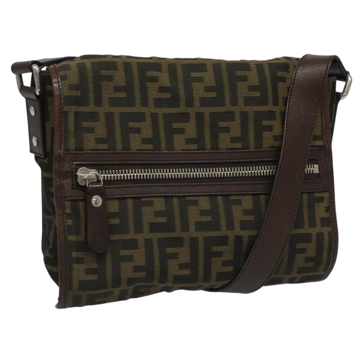 FENDI Zucca Canvas Shoulder Bag Brown Black Silvermr967