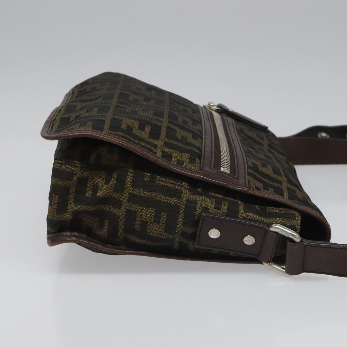 FENDI Zucca Canvas Shoulder Bag Brown Black Silvermr967