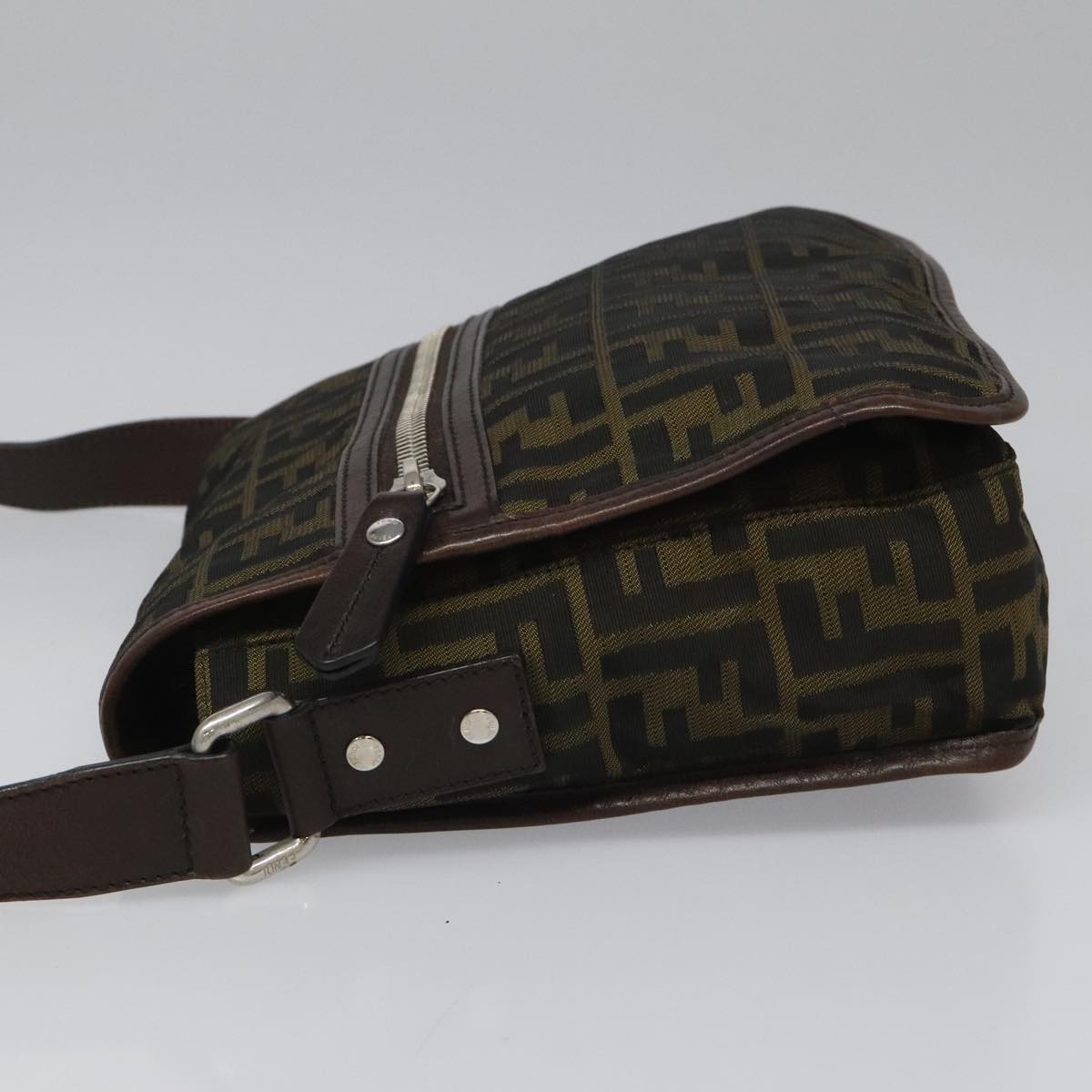 FENDI Zucca Canvas Shoulder Bag Brown Black Silvermr967
