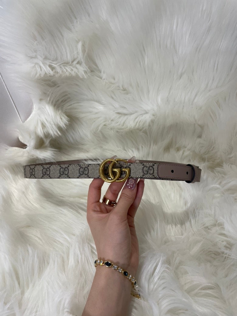 Gucci Marmont Thin Belt Gold GG Logo Beige