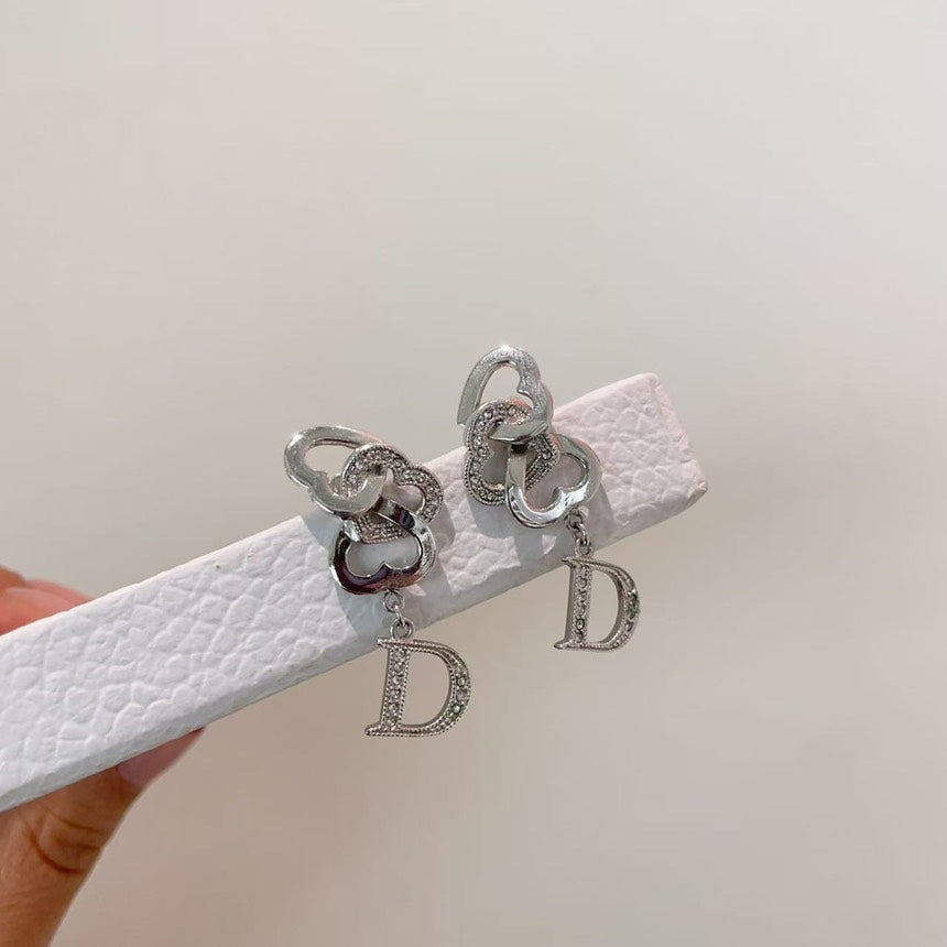 Dior Silver Crystal Dangle Heart Earrings
