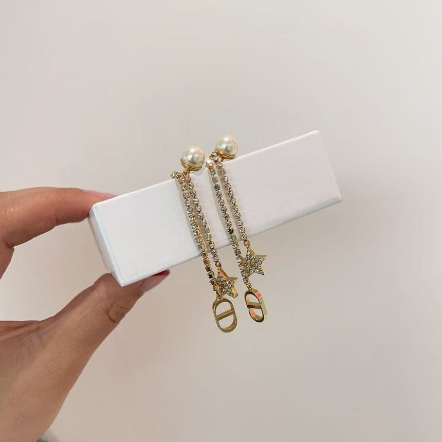 Dior Gold Pearl Crystal Star Drop Earrings