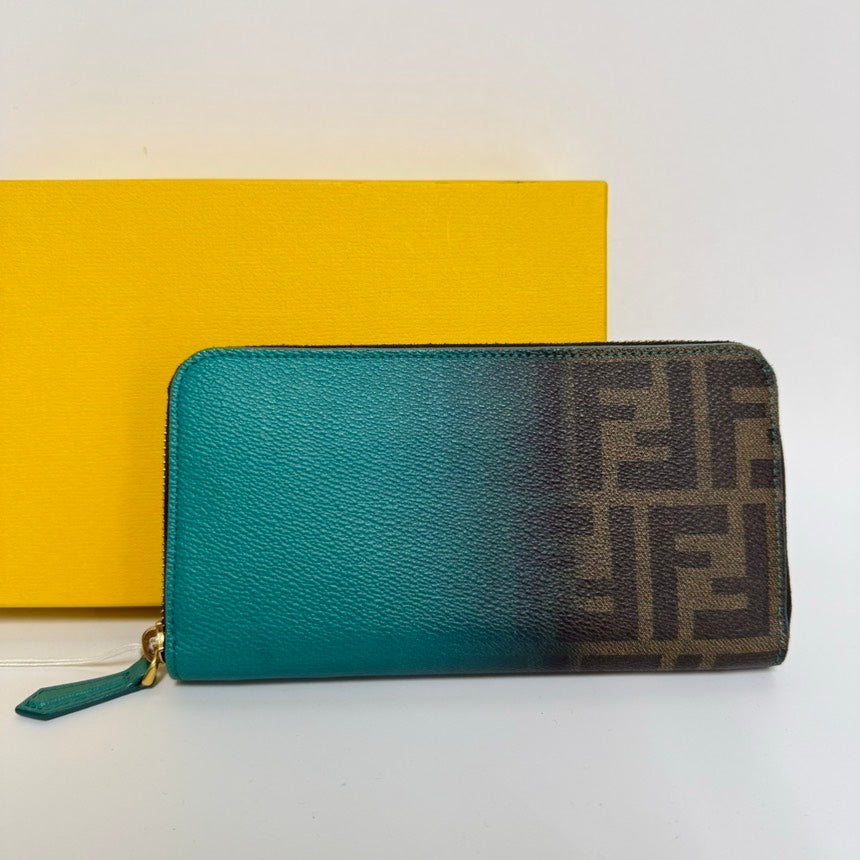 Fendi Zucca Teal Brown Leather Canvas Zippy Long Wallet