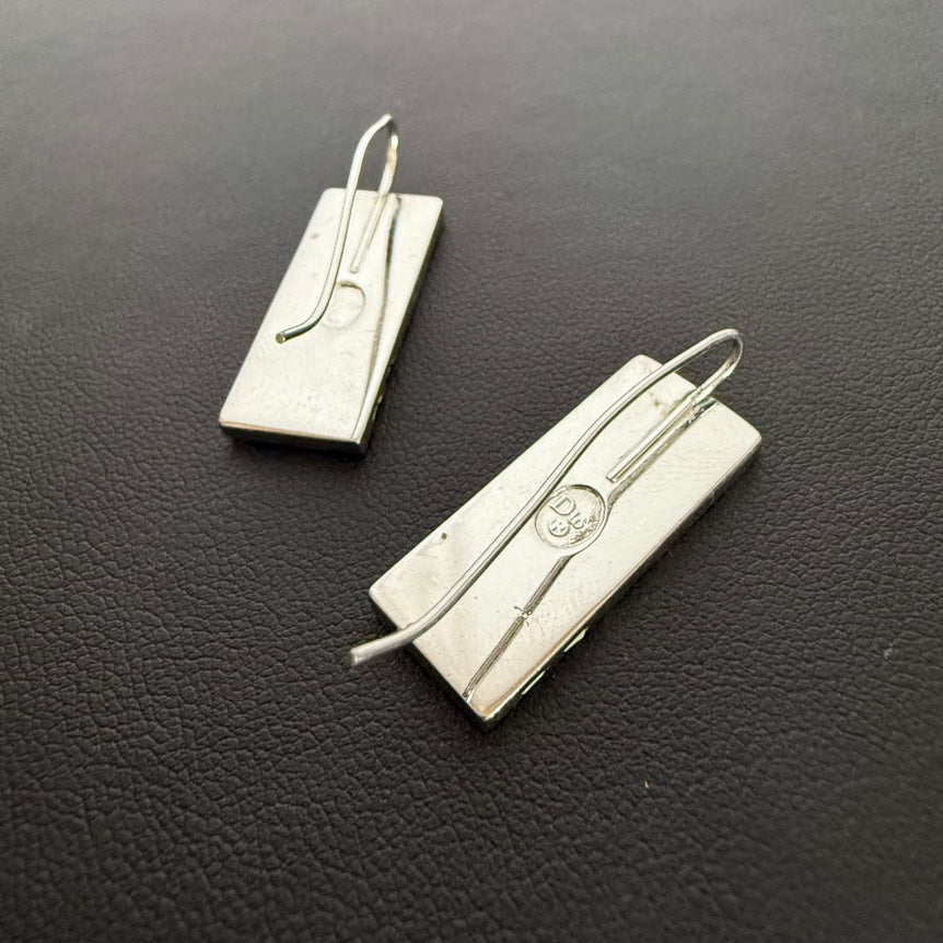 Dior Monogram Pink Enamel Post Earrings Rectangular Silver Tone