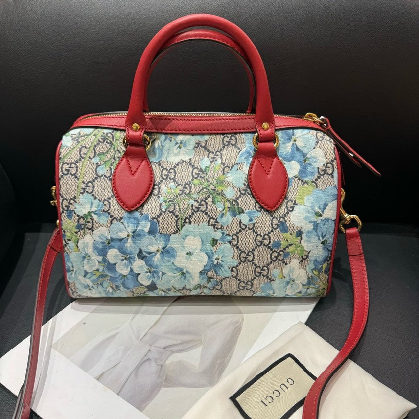 Gucci Boston Floral Print Canvas Handbag Red Trim Medium