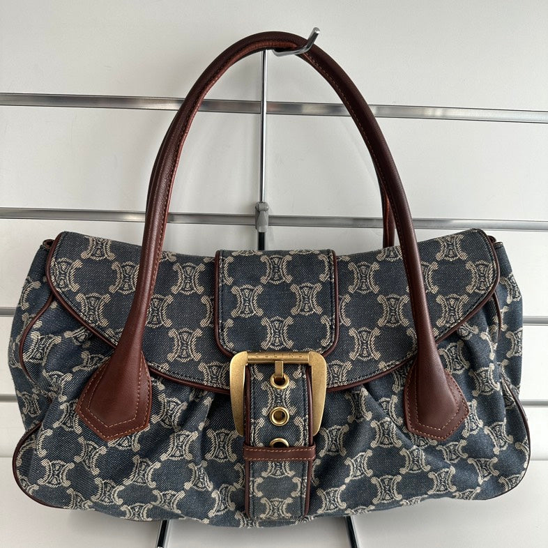 Celine Macadam Canvas and Leather Hobo Bag in Blue - Vintage Collection