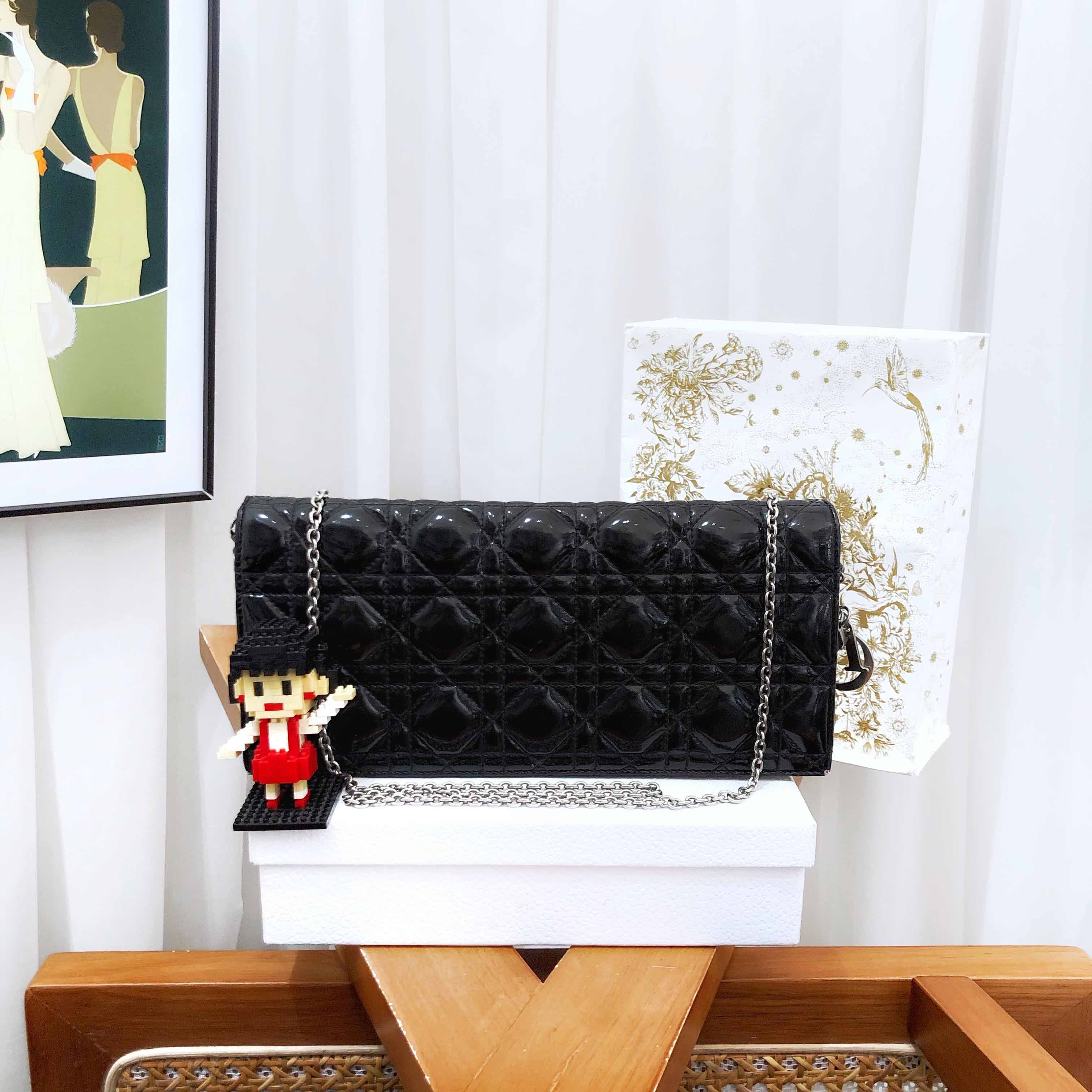 Dior Lady Dior Wallet on Chain Black Patent Leather Clutch