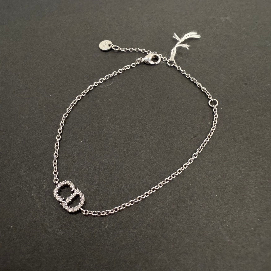 Christian Dior CD Rhinestone Bracelet Silver Chain 15-17.5cm