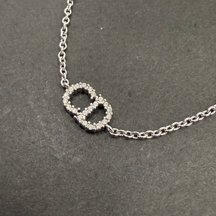 Christian Dior CD Rhinestone Bracelet Silver Chain 15-17.5cm