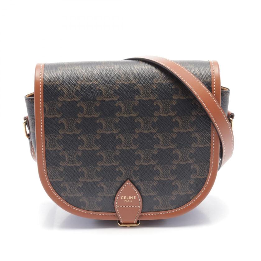CELINE Falco Medium Triomphe Shoulder Bag PVC Leather Dark Gray Brown