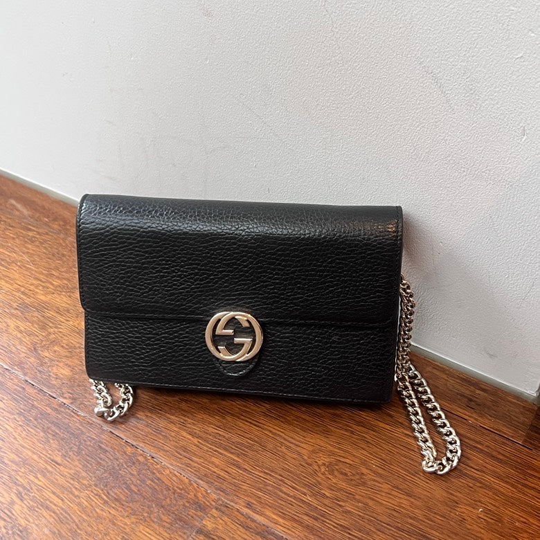 Gucci Interlocking Leather Chain Shoulder Bag Black - AF939