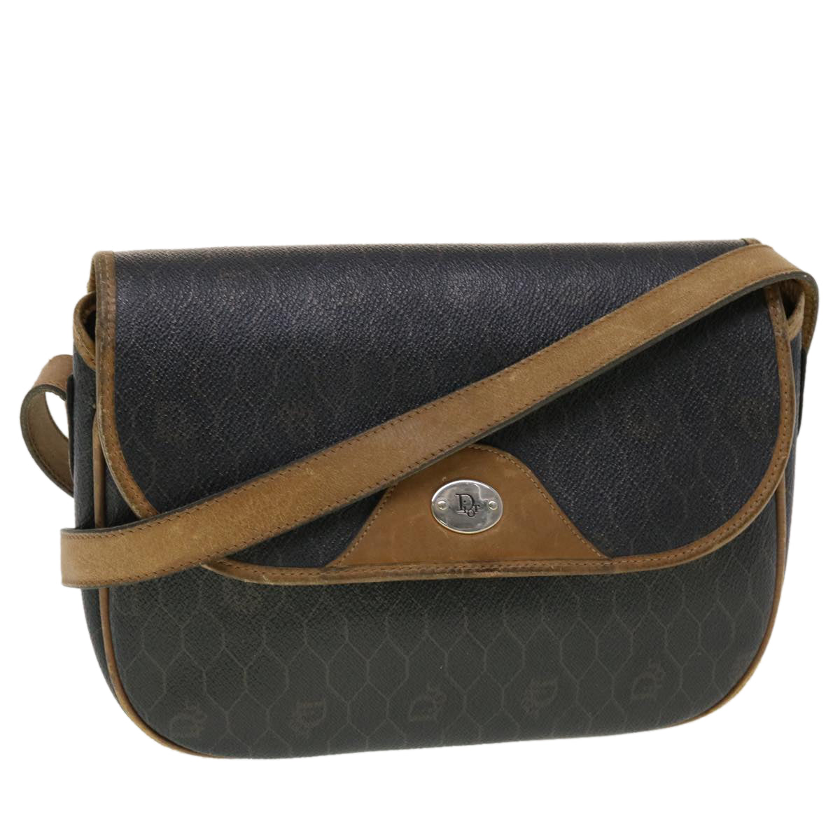 CHRISTIAN DIOR Honeycomb Canvas Shoulder Bag PVC Leather Black ti1157