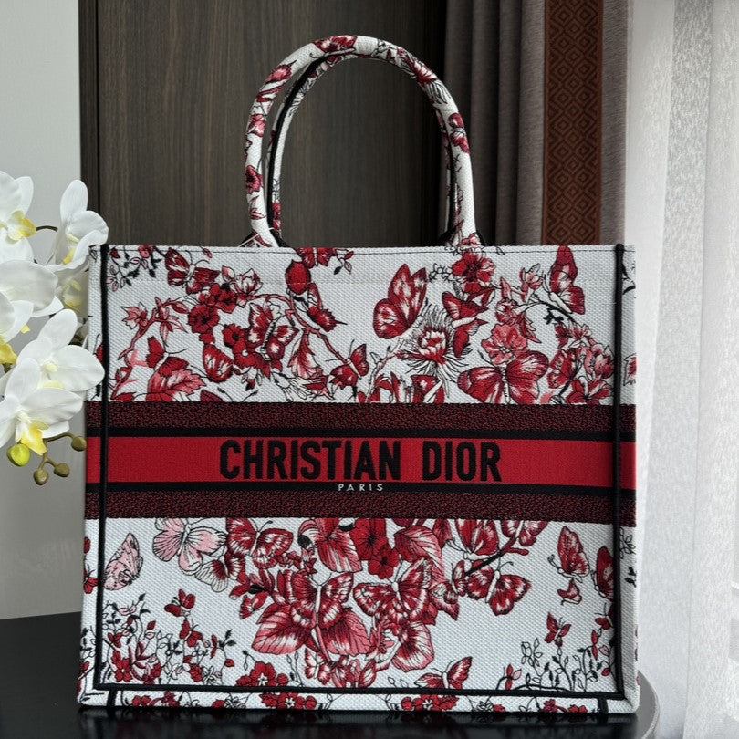 DIOR Large Book Tote 42cm White and Red Heart Butterfly Embroidery