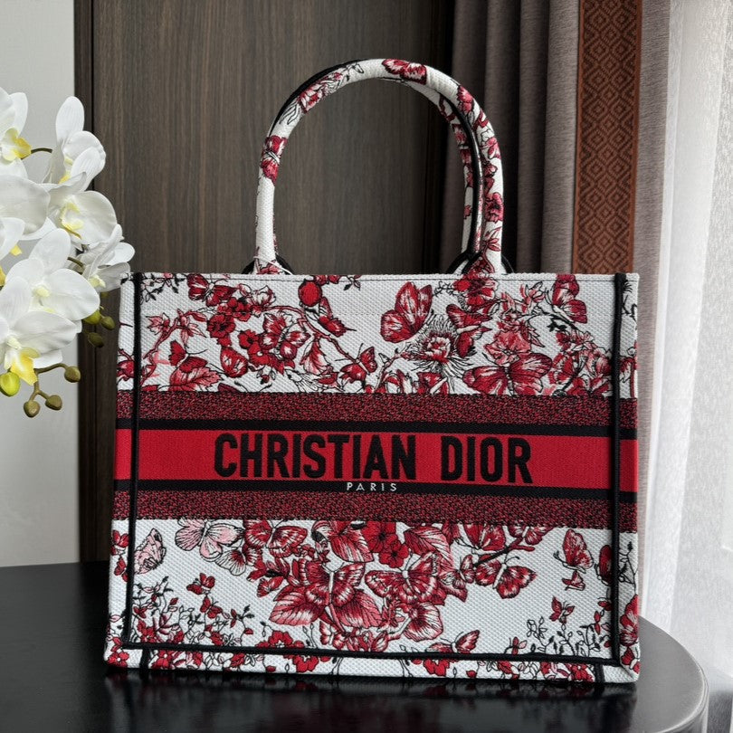 DIOR Medium Book Tote 36cm White and Red Heart Butterfly Embroidery