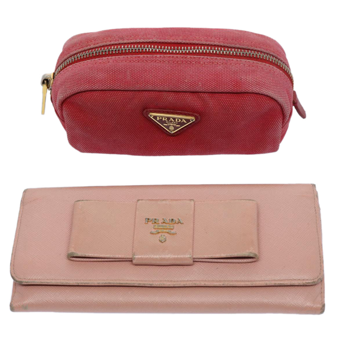 PRADA Wallet Pouch Canvas Leather 2Set Red Pink yb473