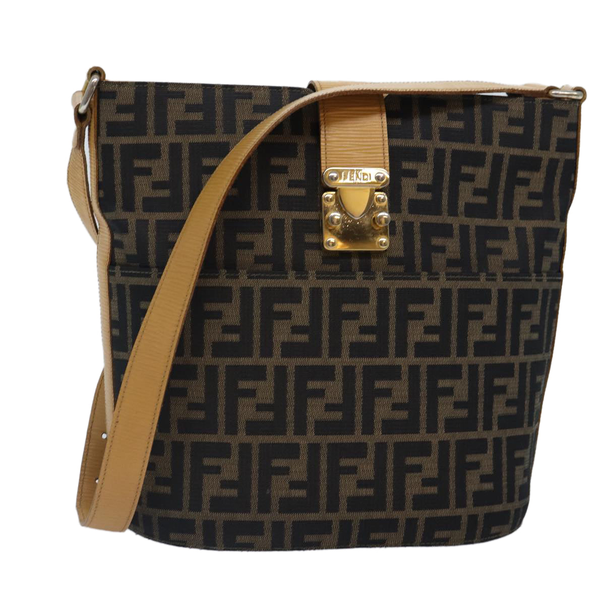FENDI Zucca Canvas Shoulder Bag Gold Black Brownyk14581