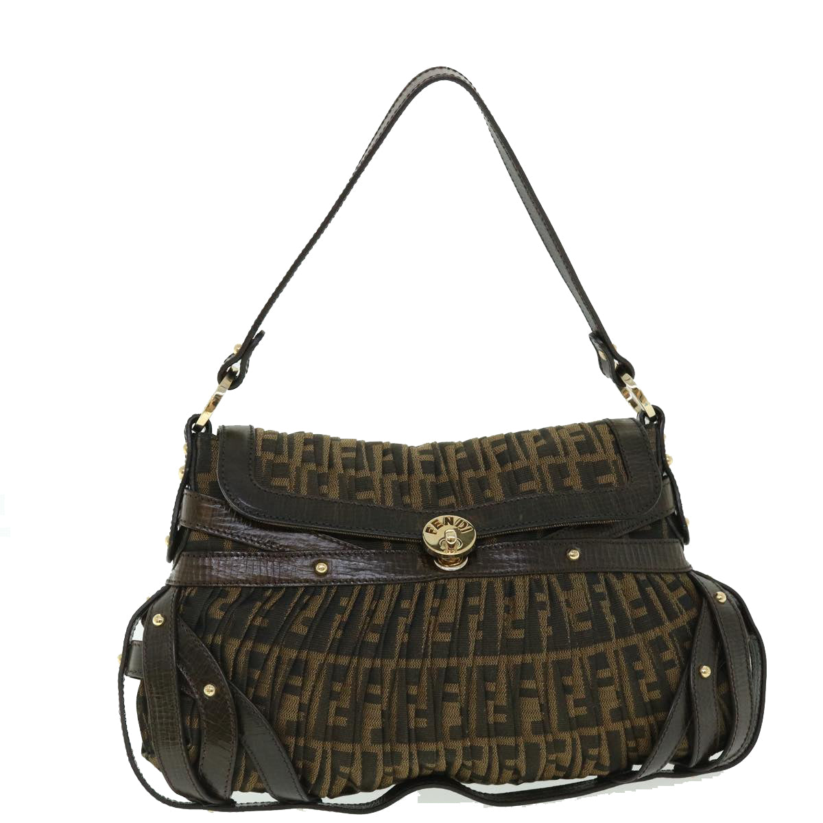 FENDI Zucca Canvas Turn Lock Shoulder Bag Black Brownyk8162
