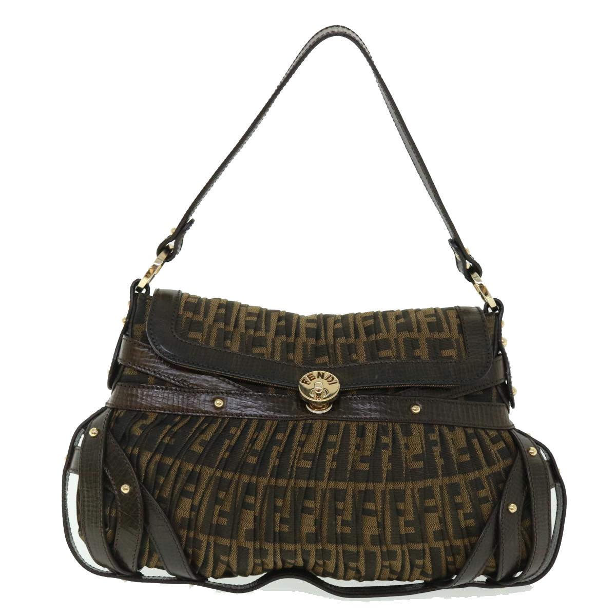 FENDI Zucca Canvas Turn Lock Shoulder Bag Black Brownyk8162
