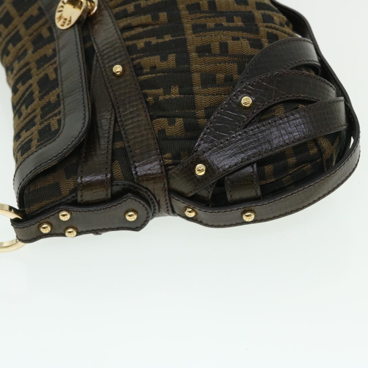 FENDI Zucca Canvas Turn Lock Shoulder Bag Black Brownyk8162