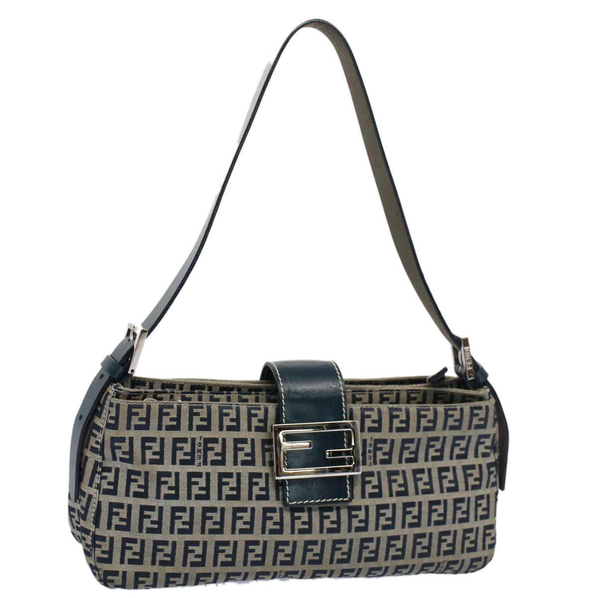 FENDI Zucchino Canvas Mamma Baguette Shoulder Bag Gray Navyyk8484