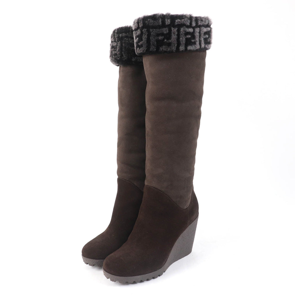 Fendi FF Logo Suede Mouton Knee-high Boots
