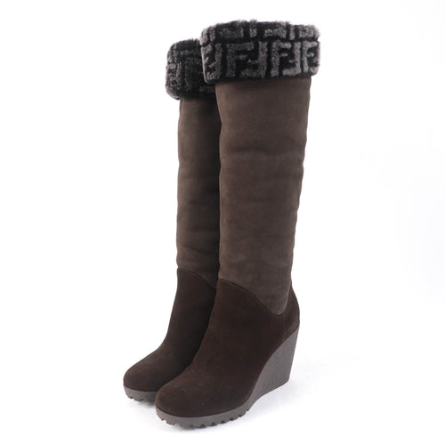 Fendi FF Logo Suede Mouton Knee-high Boots