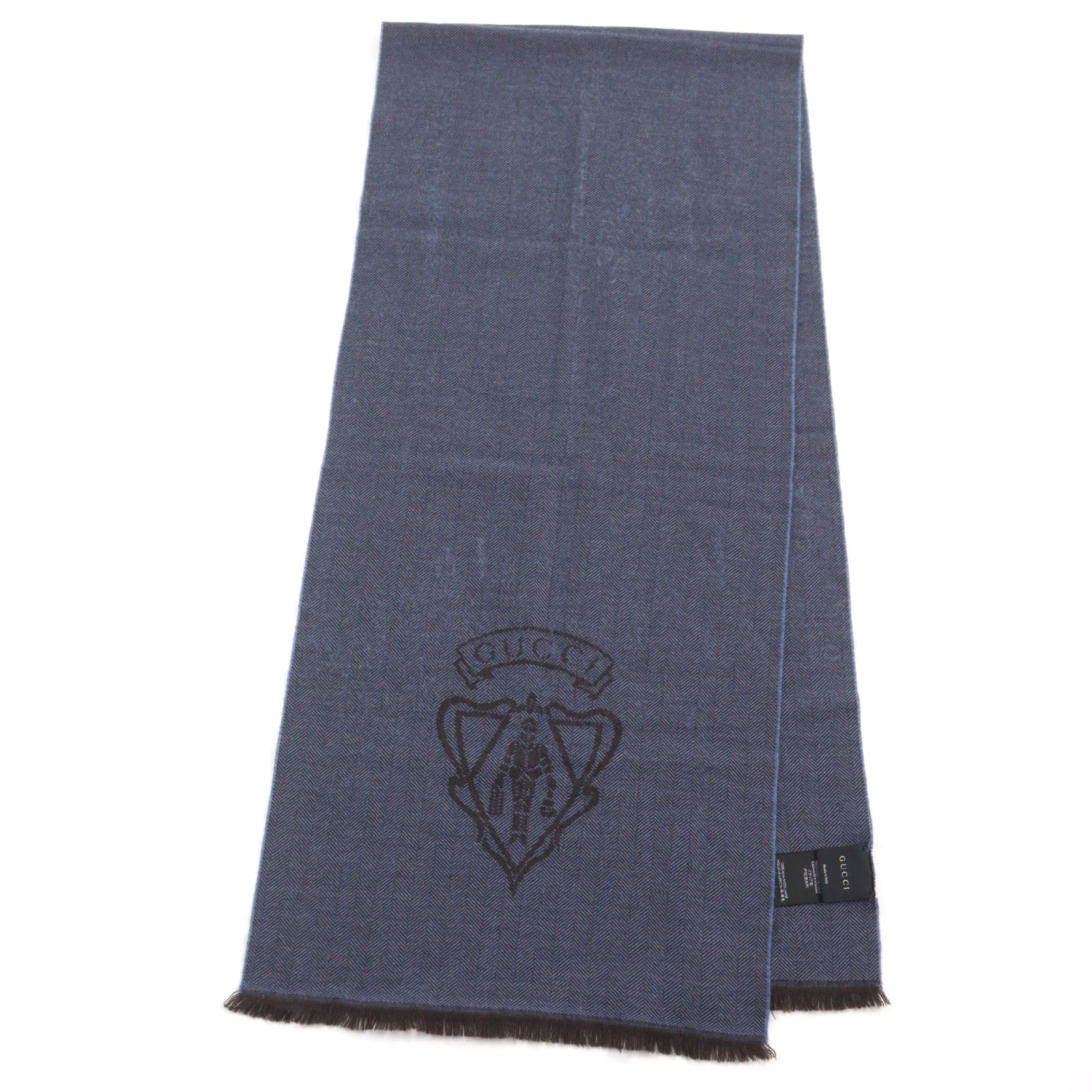 GUCCI Wool Crest Logo Fringed Scarf