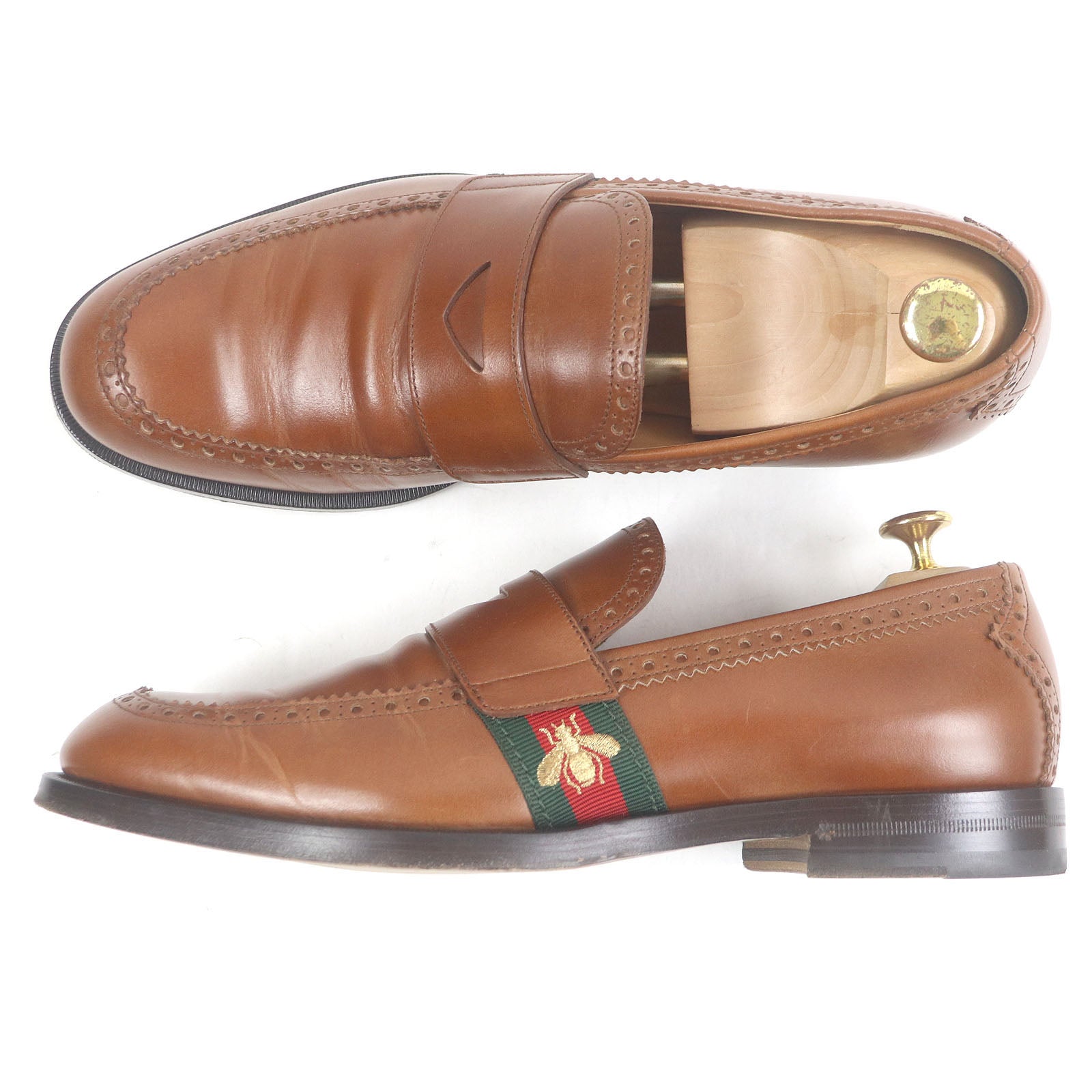 Gucci Bee embroidered web line leather loafers