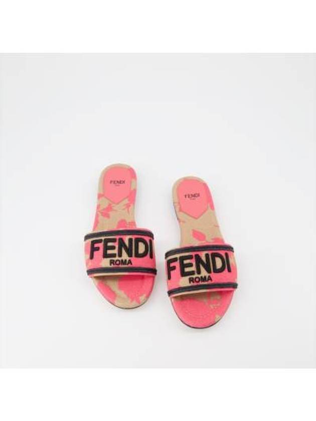 Fendi Rose Print Embroidered Logo Canvas Slide Slippers Pink