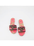 Fendi Rose Print Embroidered Logo Canvas Slide Slippers Pink