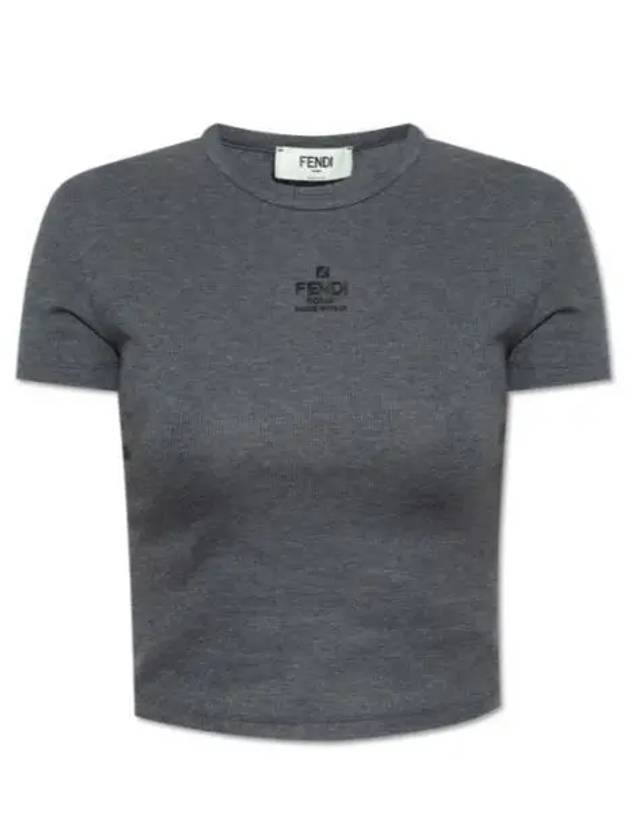 Fendi Embroidered Logo Crop Cotton Short Sleeve T-Shirt Grey